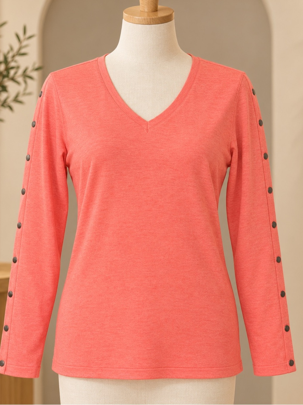 J’envie V-Neck Long Sleeve Top with Button Detail - Coral NWT